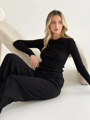 Ribbed knitted suit wide pants and long sleeves black