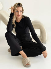 Ribbed knitted suit wide pants and long sleeves black