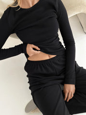Ribbed knitted suit wide pants and long sleeves black
