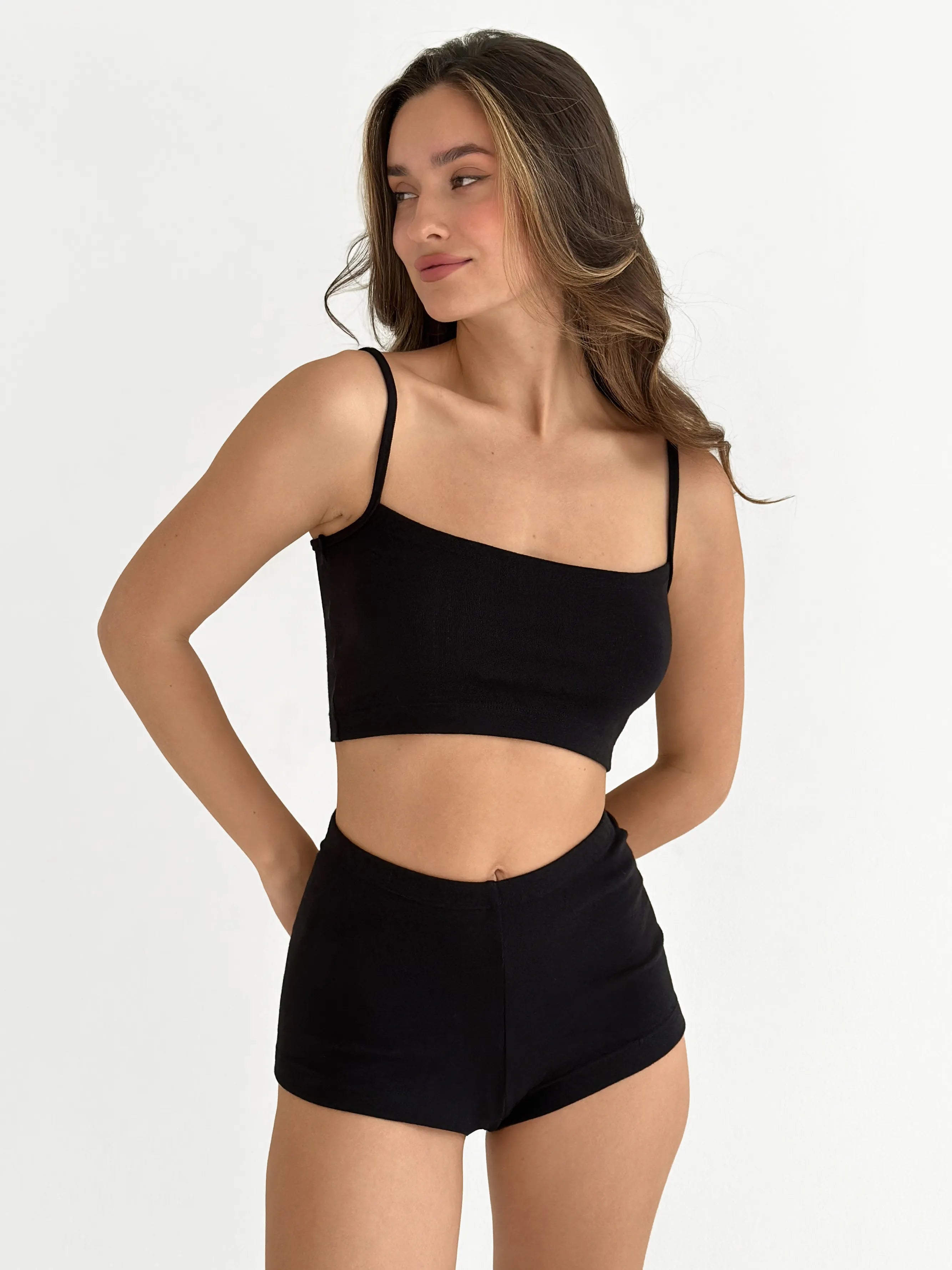 Ribbed strappy top and mini shorts black