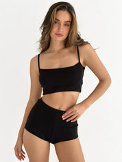 Ribbed strappy top and mini shorts black