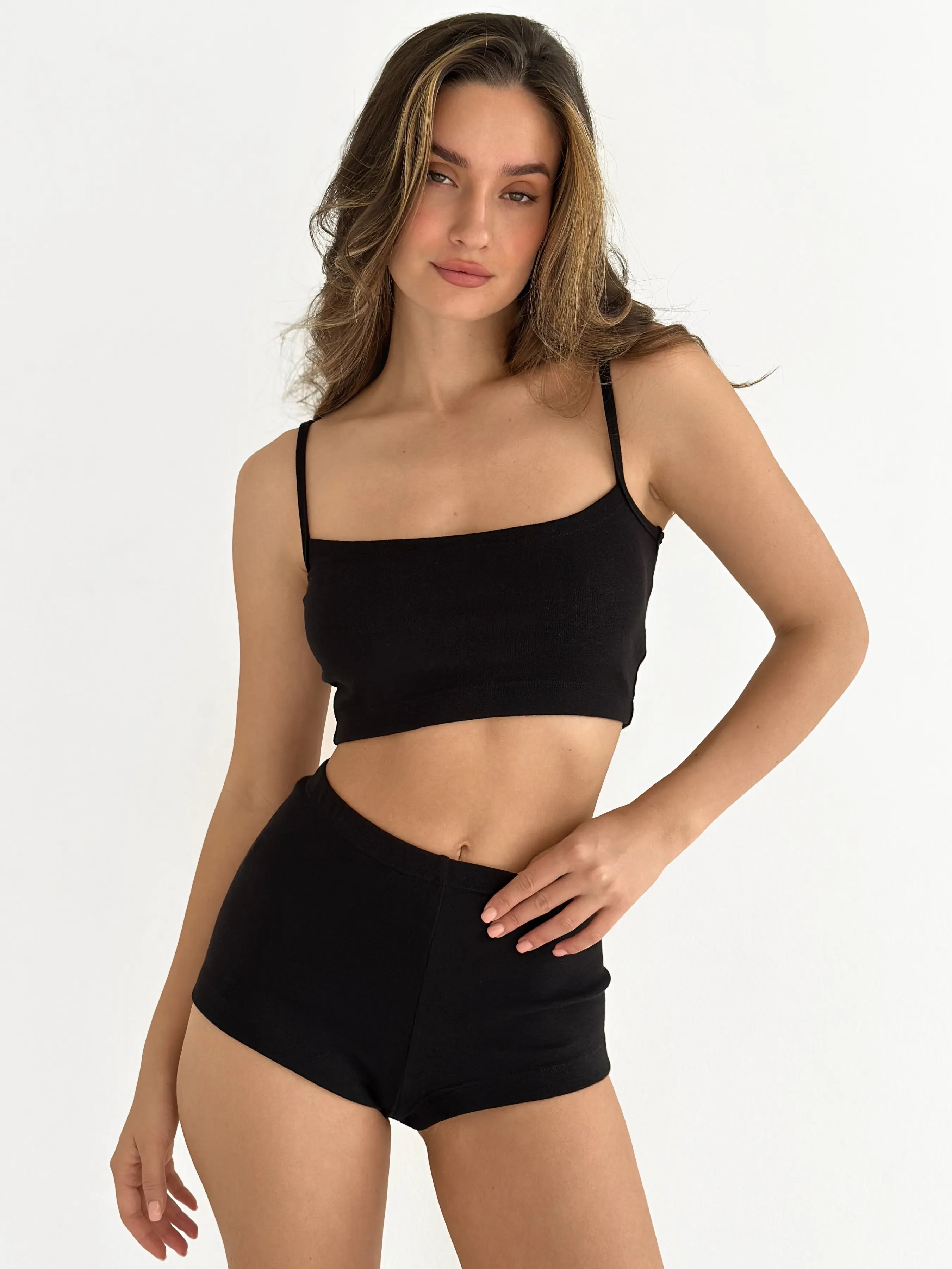 Ribbed strappy top and mini shorts black