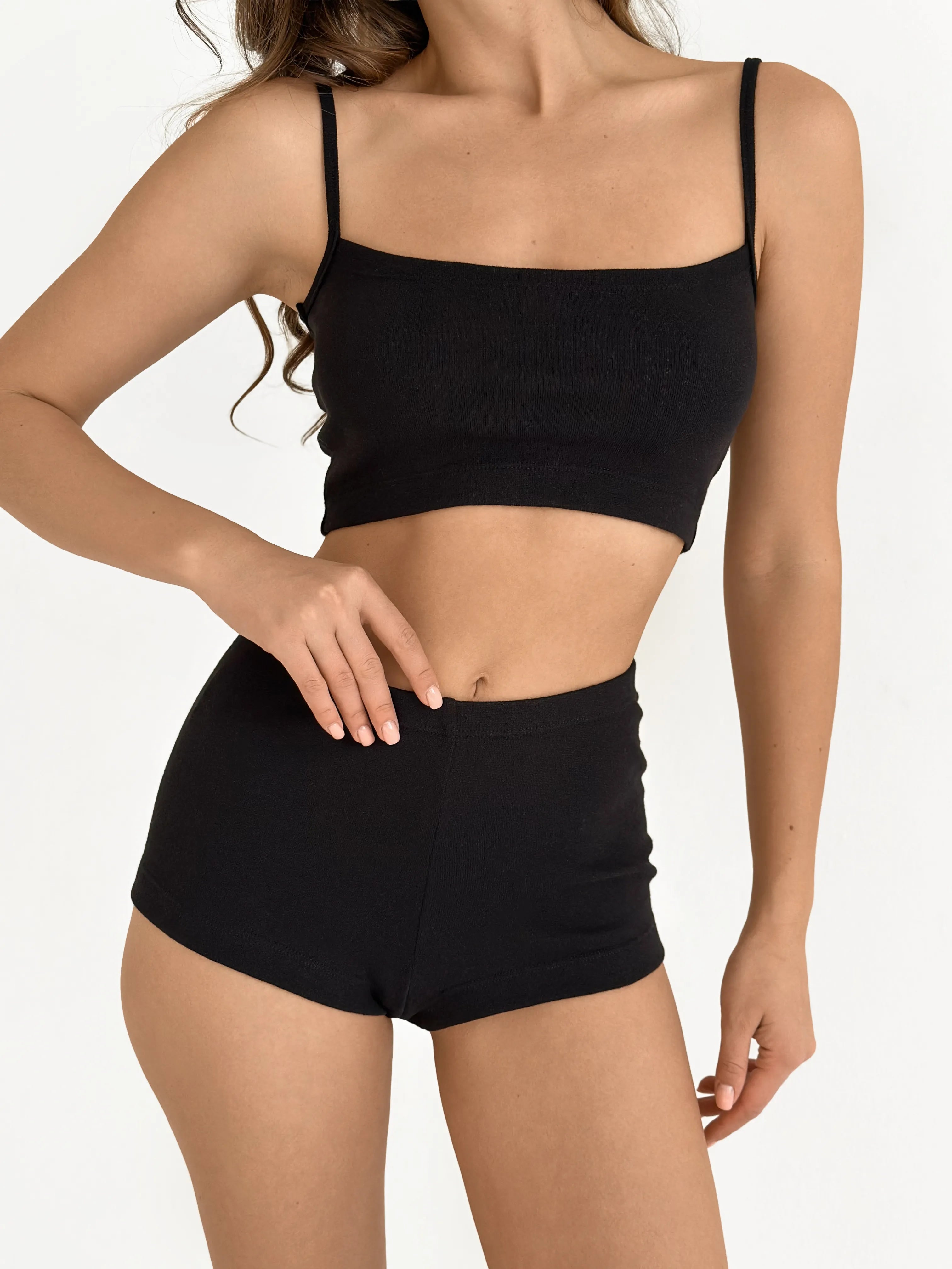 Ribbed strappy top and mini shorts black