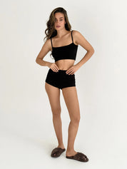 Ribbed strappy top and mini shorts black