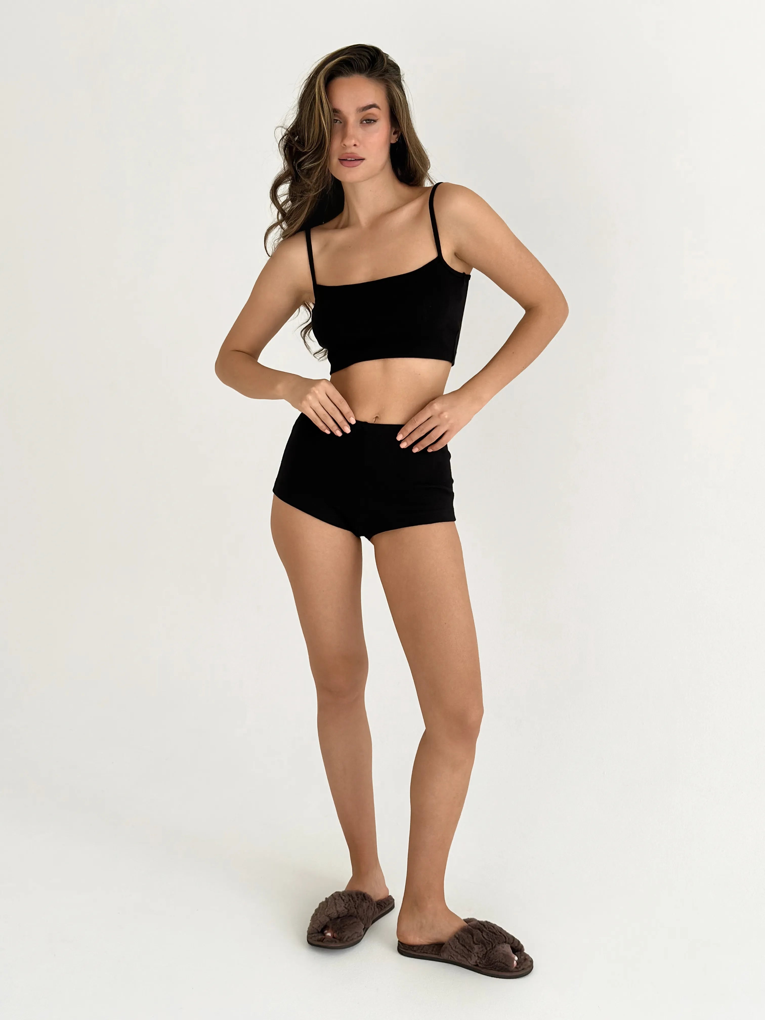 Ribbed strappy top and mini shorts black