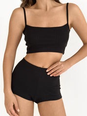 Ribbed strappy top and mini shorts black
