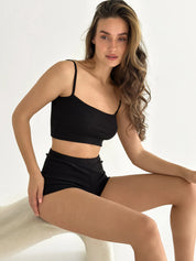 Ribbed strappy top and mini shorts black