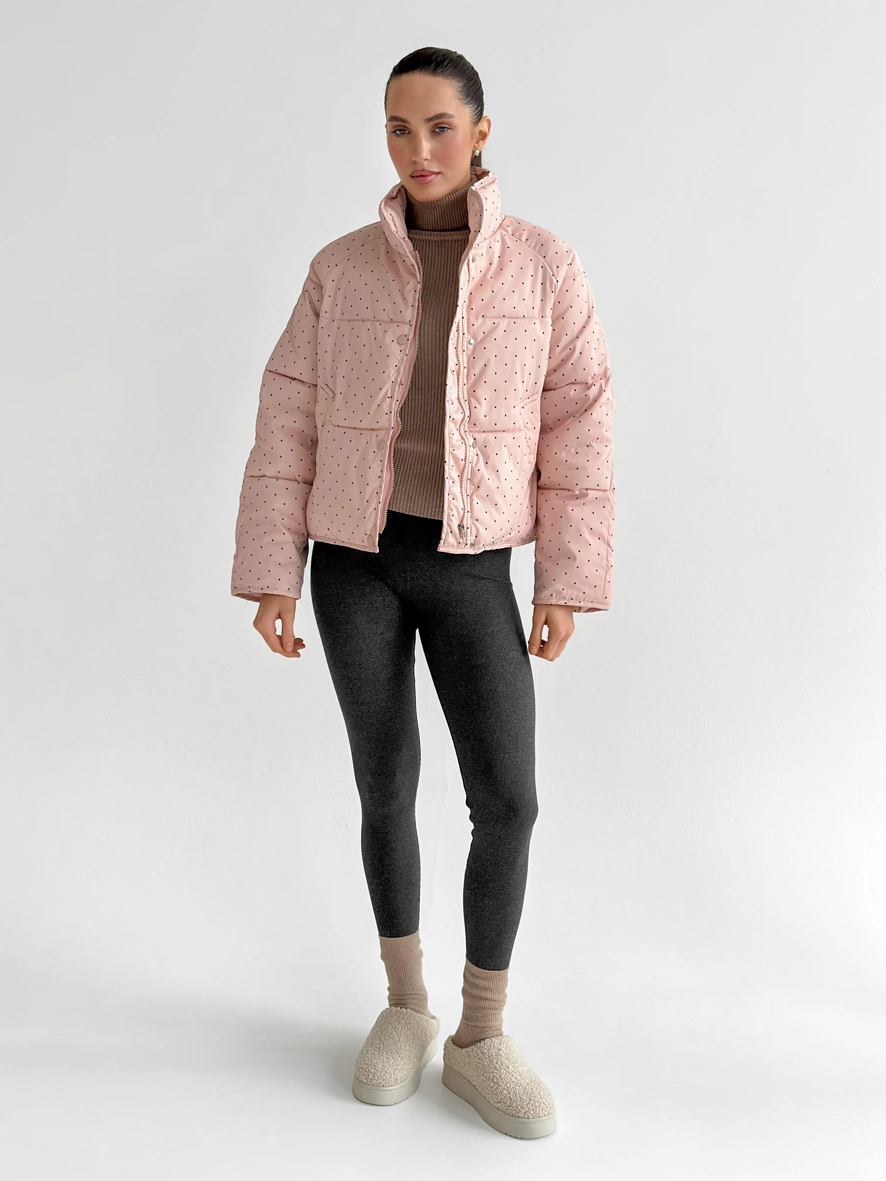 Puffer jacket with polka dot collar, powder onesize
