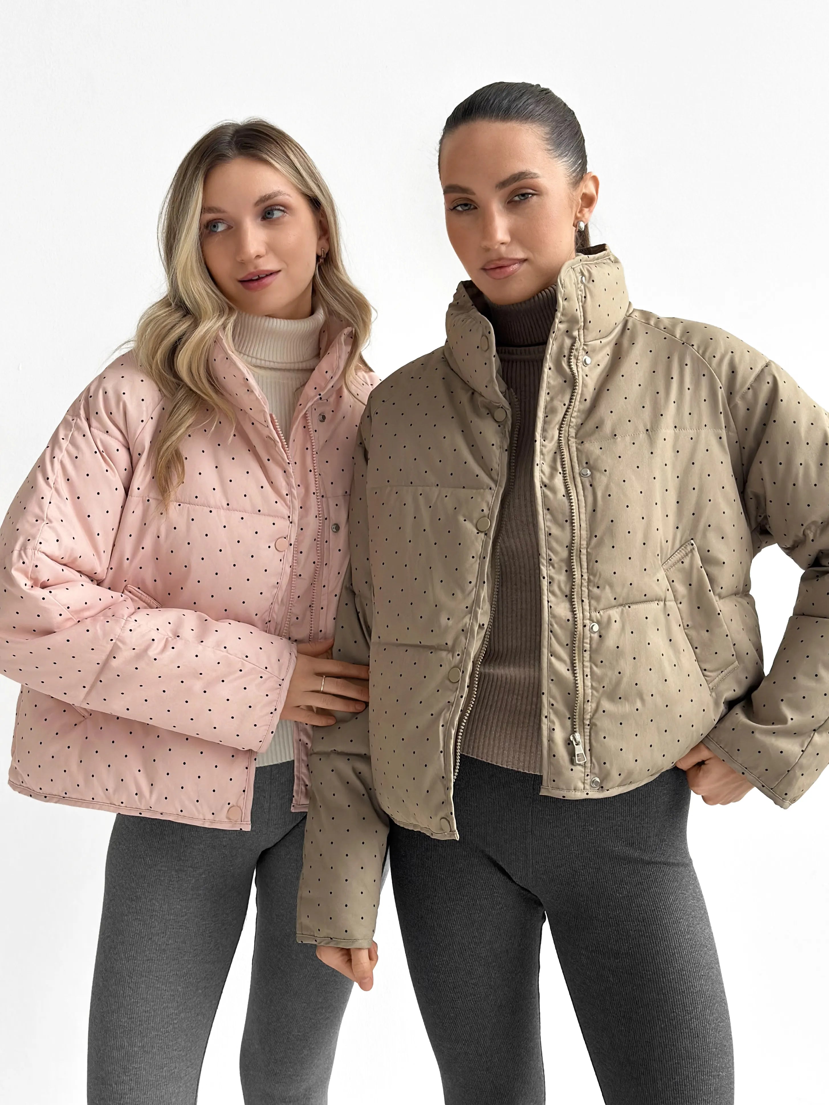 Puffer jacket with polka dot collar, cappuccino onesize