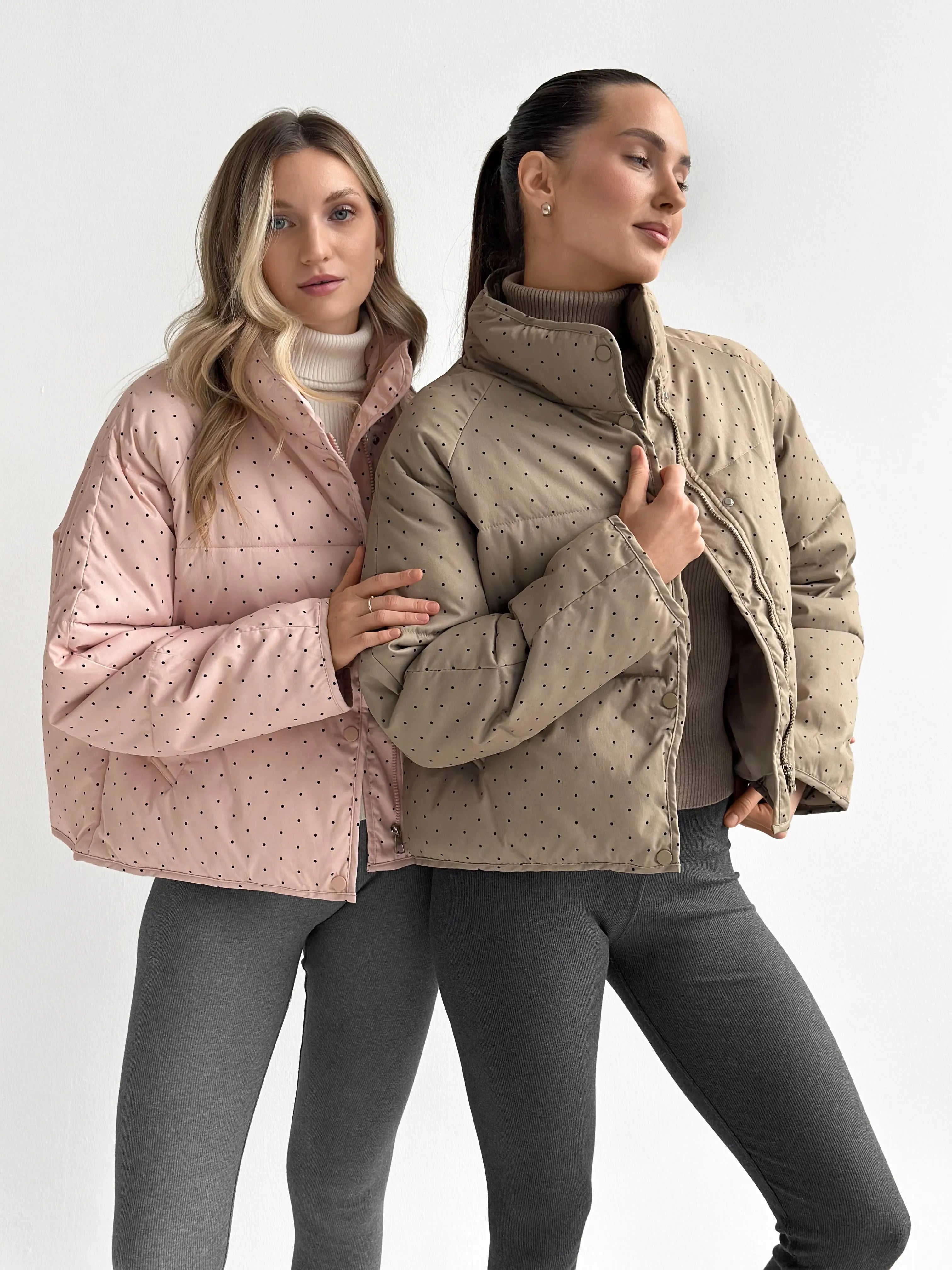 Puffer jacket with polka dot collar, cappuccino onesize