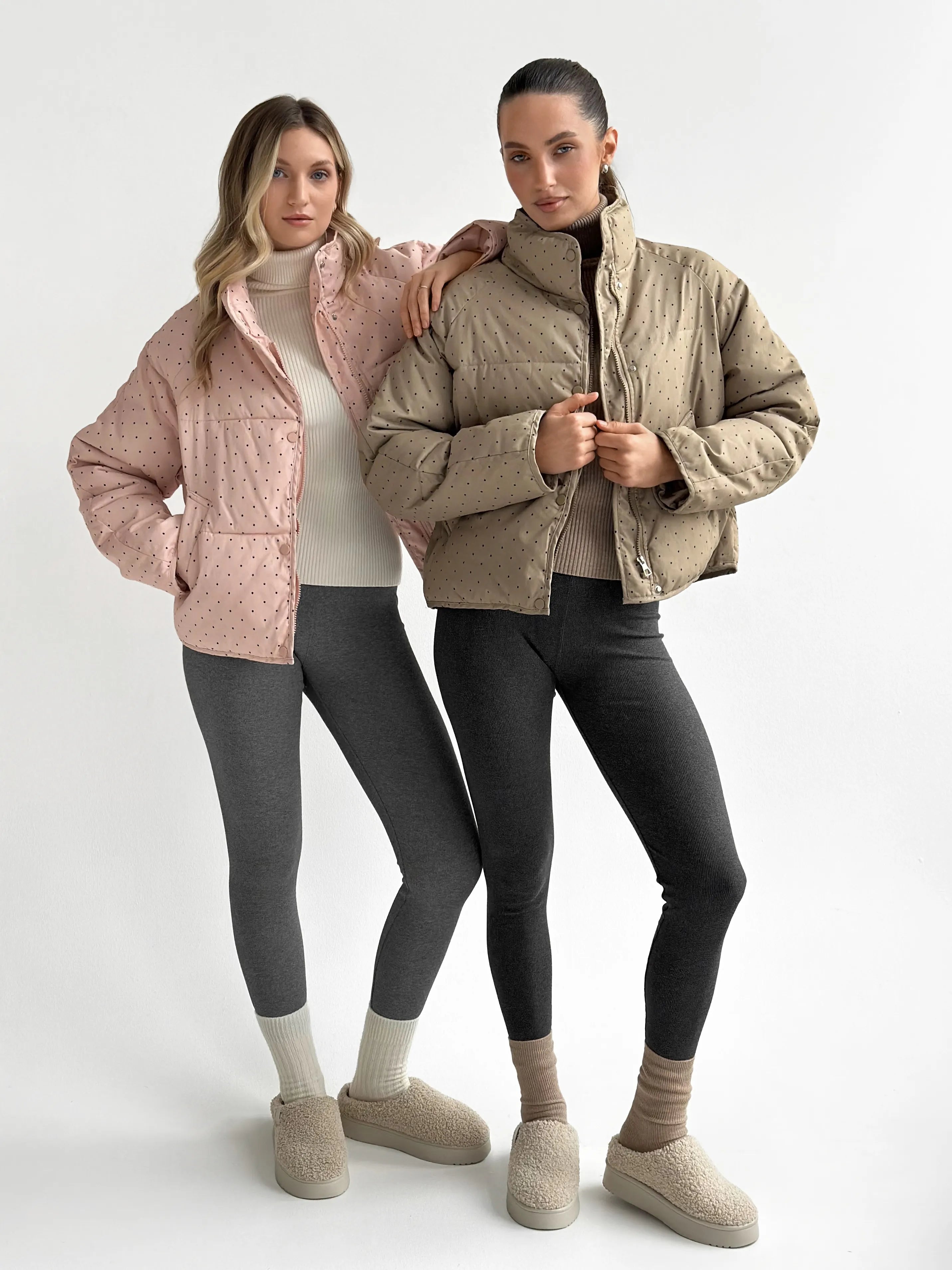 Puffer jacket with polka dot collar, cappuccino onesize