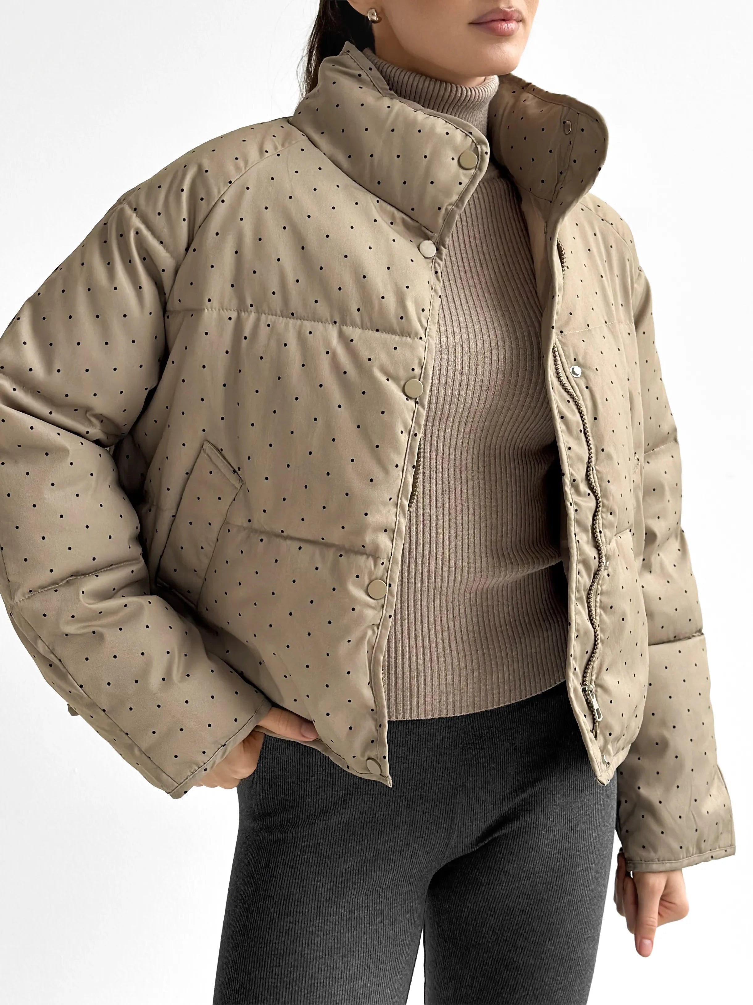Puffer jacket with polka dot collar, cappuccino onesize