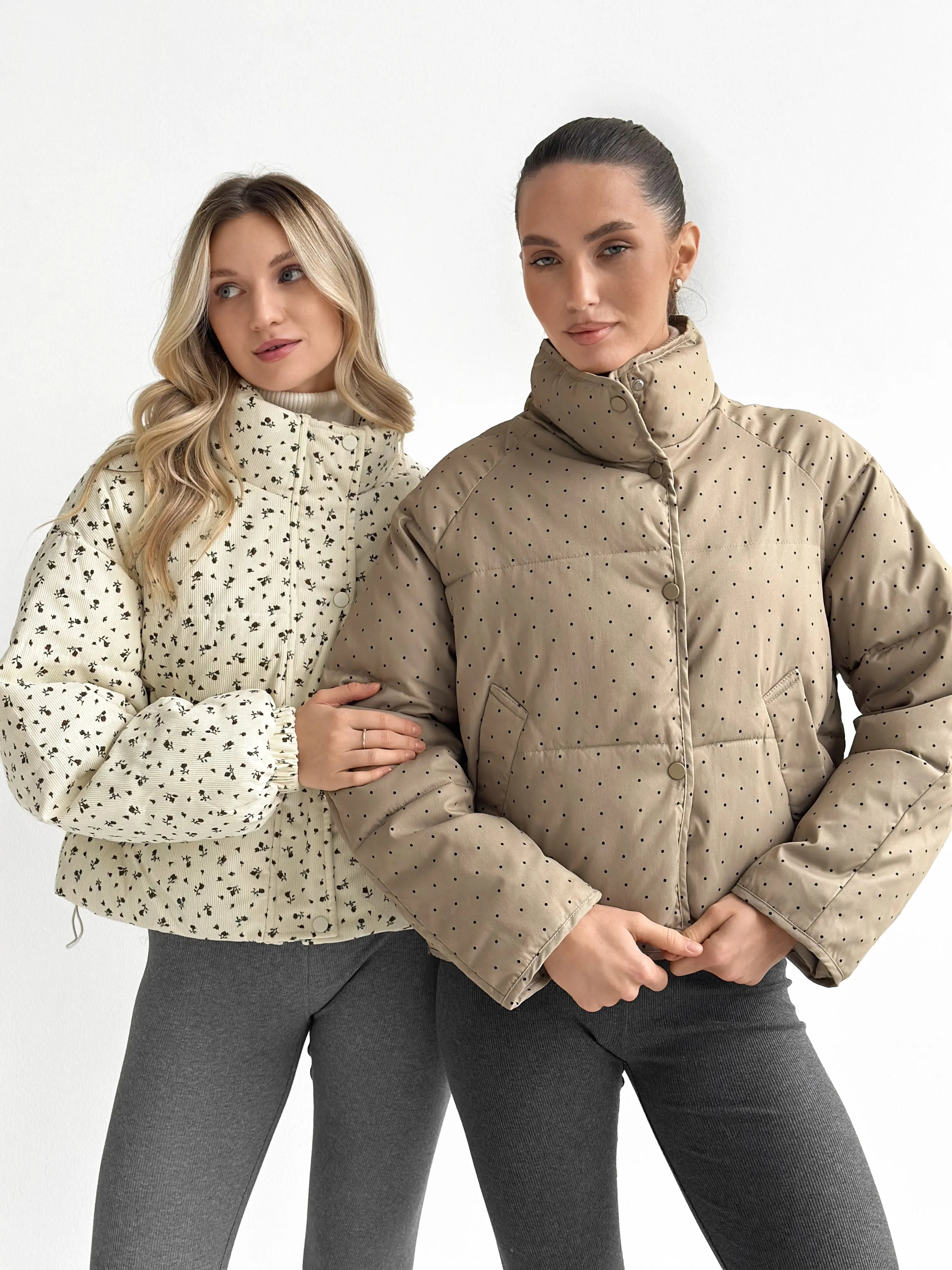 Puffer jacket with polka dot collar, cappuccino onesize