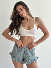 Muslin Shorts Ruffle Flowers on Sage