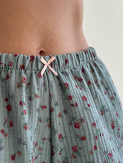 Muslin Shorts Ruffle Flowers on Sage