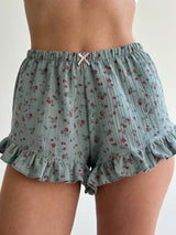 Muslin Shorts Ruffle Flowers on Sage