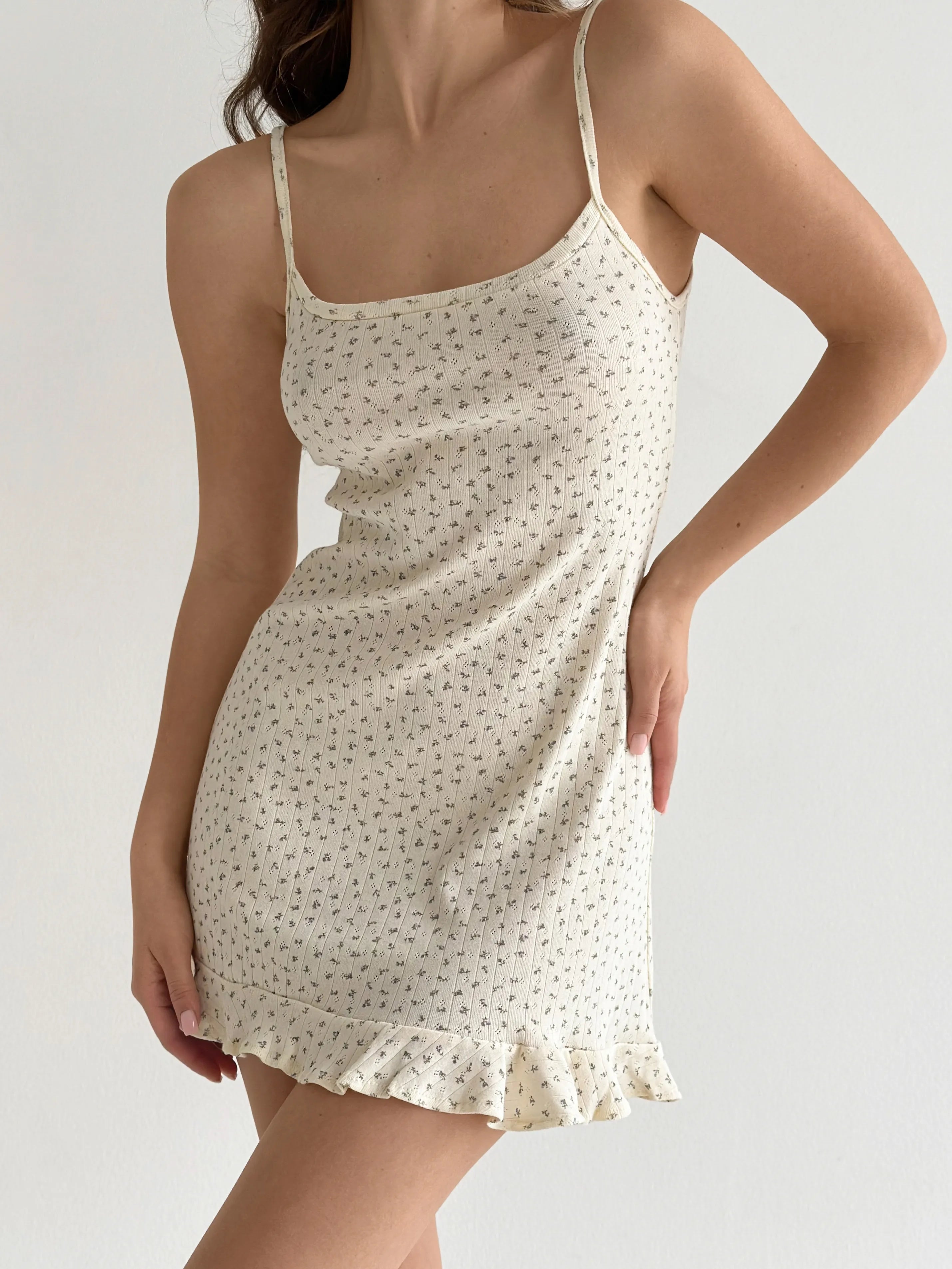 Striped sleep dress with ruffles, blue flower