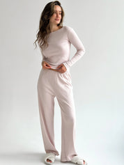 Ribbed knitted suit wide pants and long sleeves powder