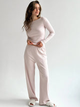 Ribbed knitted suit wide pants and long sleeves powder