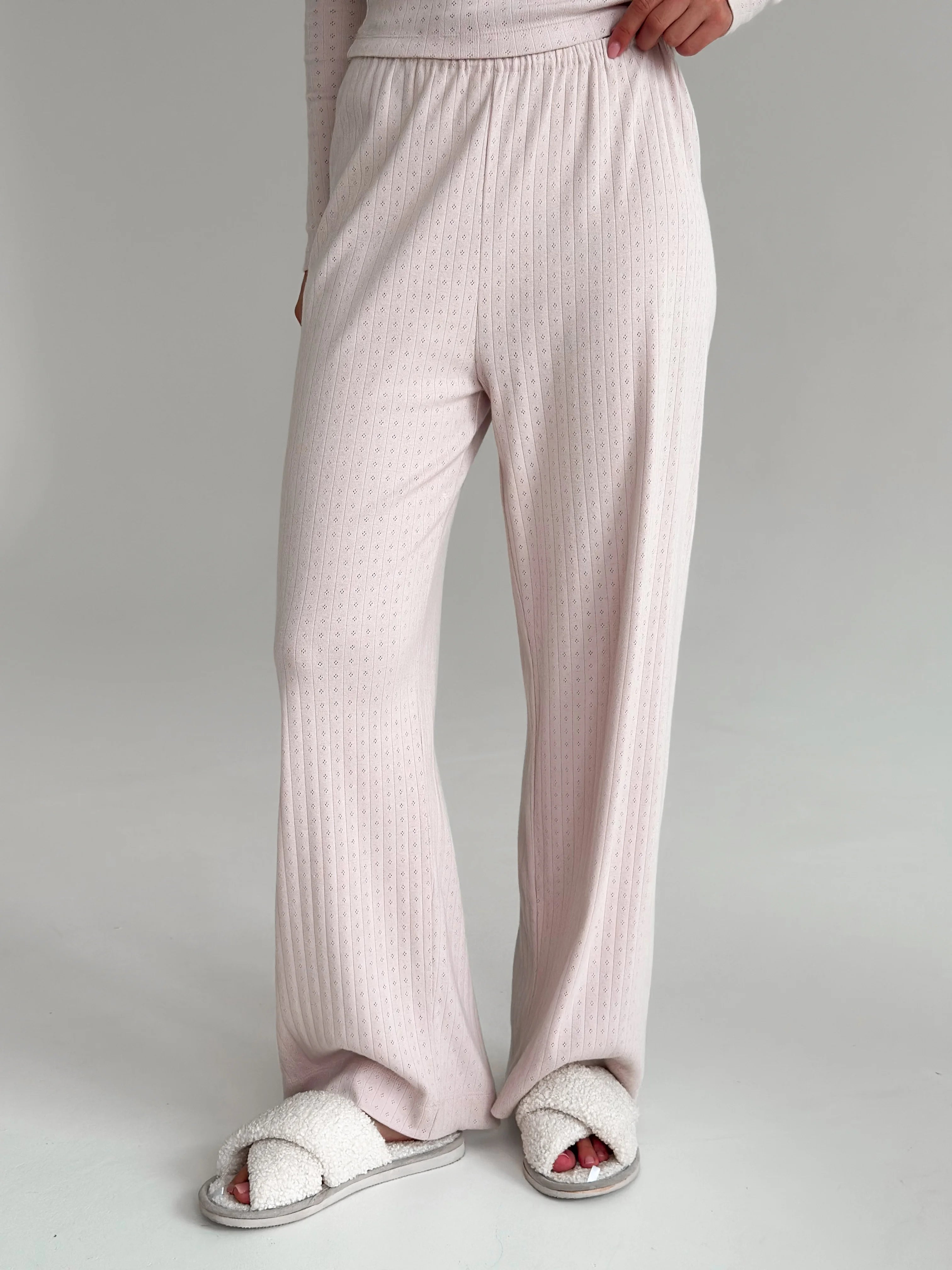 Ribbed knitted suit wide pants and long sleeves powder