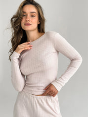 Ribbed knitted suit wide pants and long sleeves powder