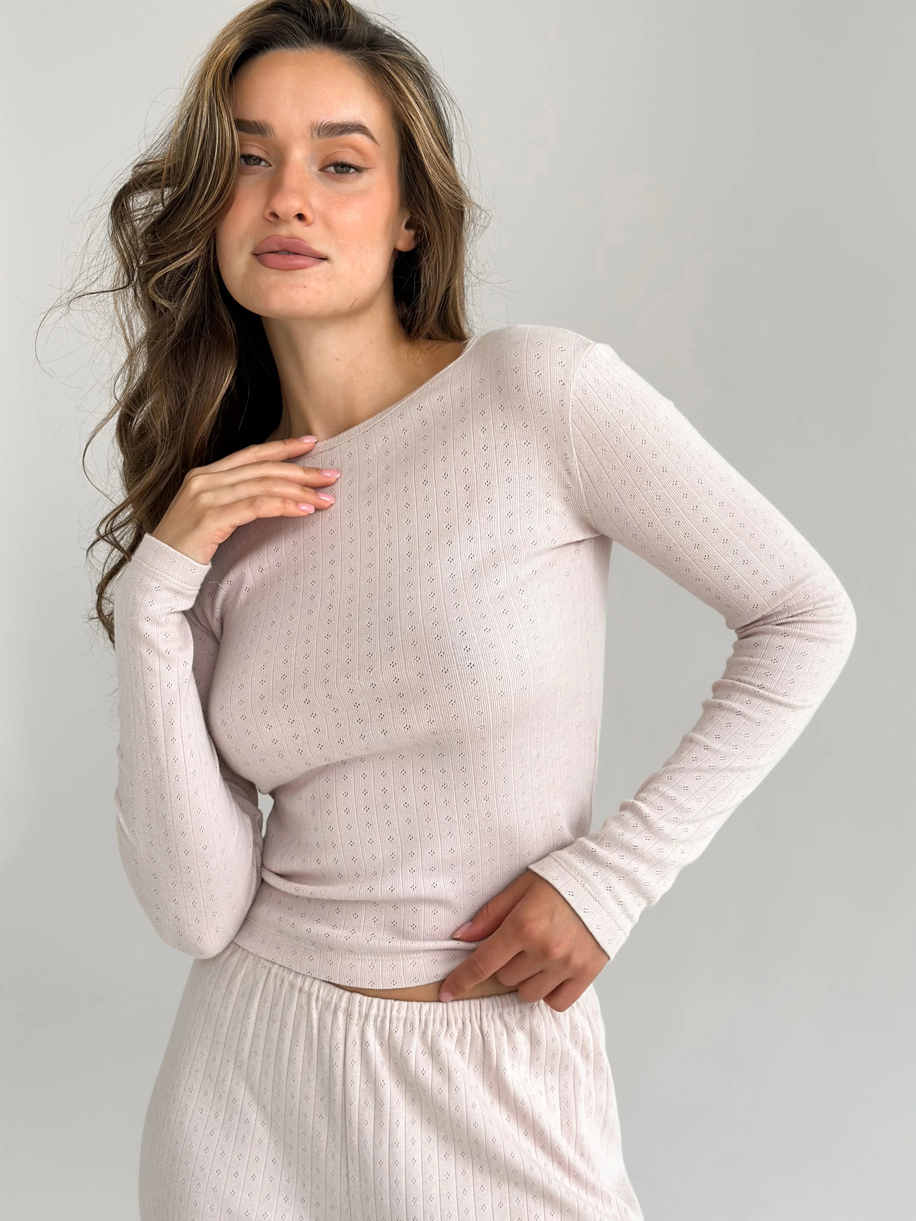 Ribbed knitted suit wide pants and long sleeves powder