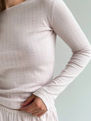 Ribbed knitted suit wide pants and long sleeves powder