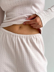 Ribbed knitted suit wide pants and long sleeves powder