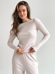 Ribbed knitted suit wide pants and long sleeves powder