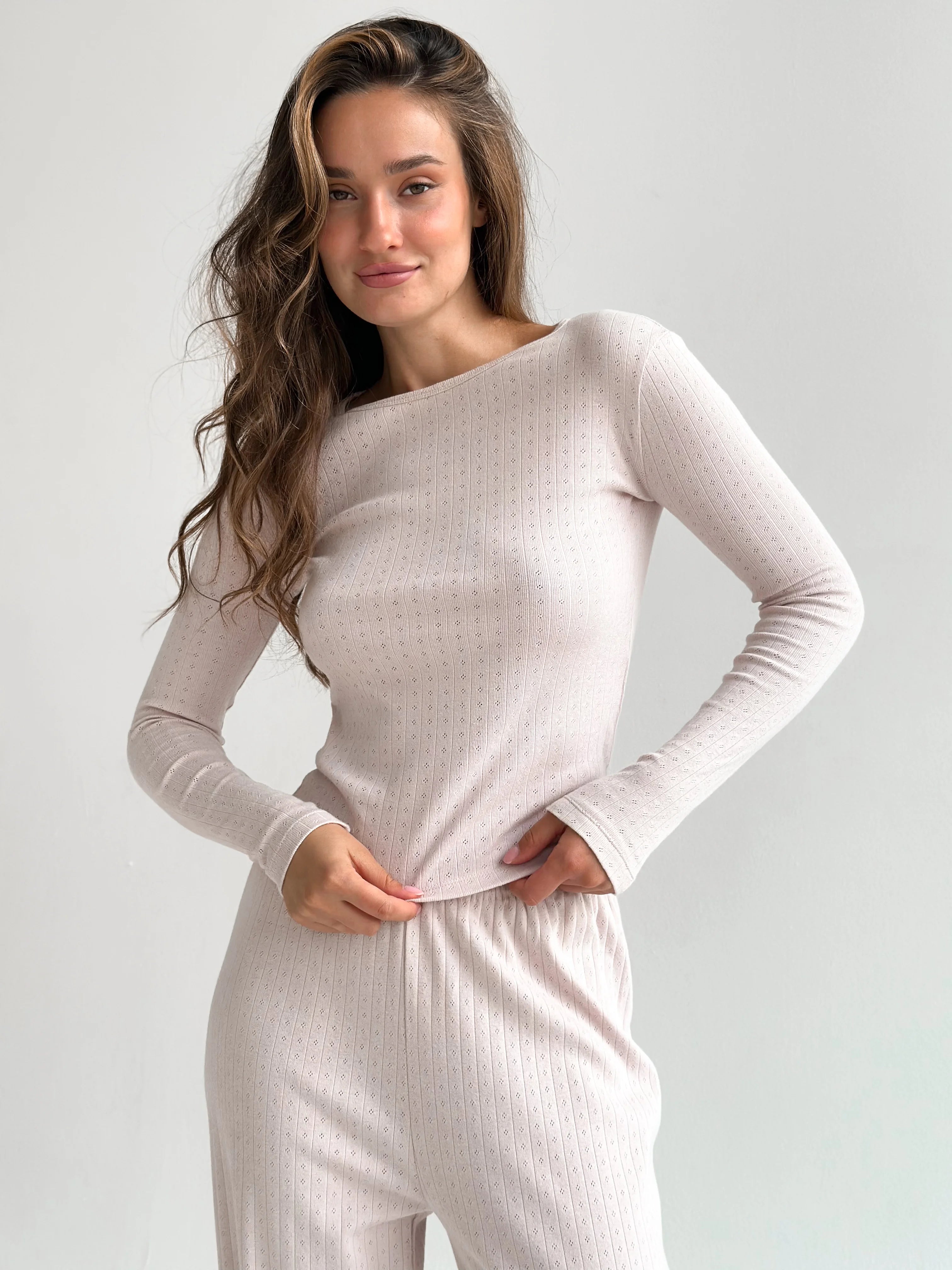 Ribbed knitted suit wide pants and long sleeves powder