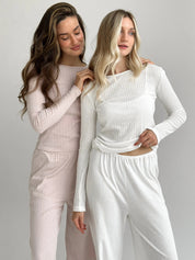 Ribbed knitted suit wide pants and long sleeves powder