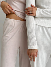 Ribbed knitted suit wide pants and long sleeves powder