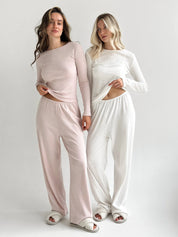 Ribbed knitted suit wide pants and long sleeves powder