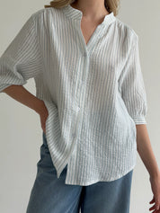 Muslin shirt, striped, dusty blue on milky white