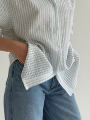 Muslin shirt, striped, dusty blue on milky white