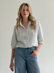 Muslin shirt, striped, dusty blue on milky white