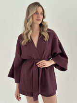 Muslin set 2-layer kimono and shorts chocolate