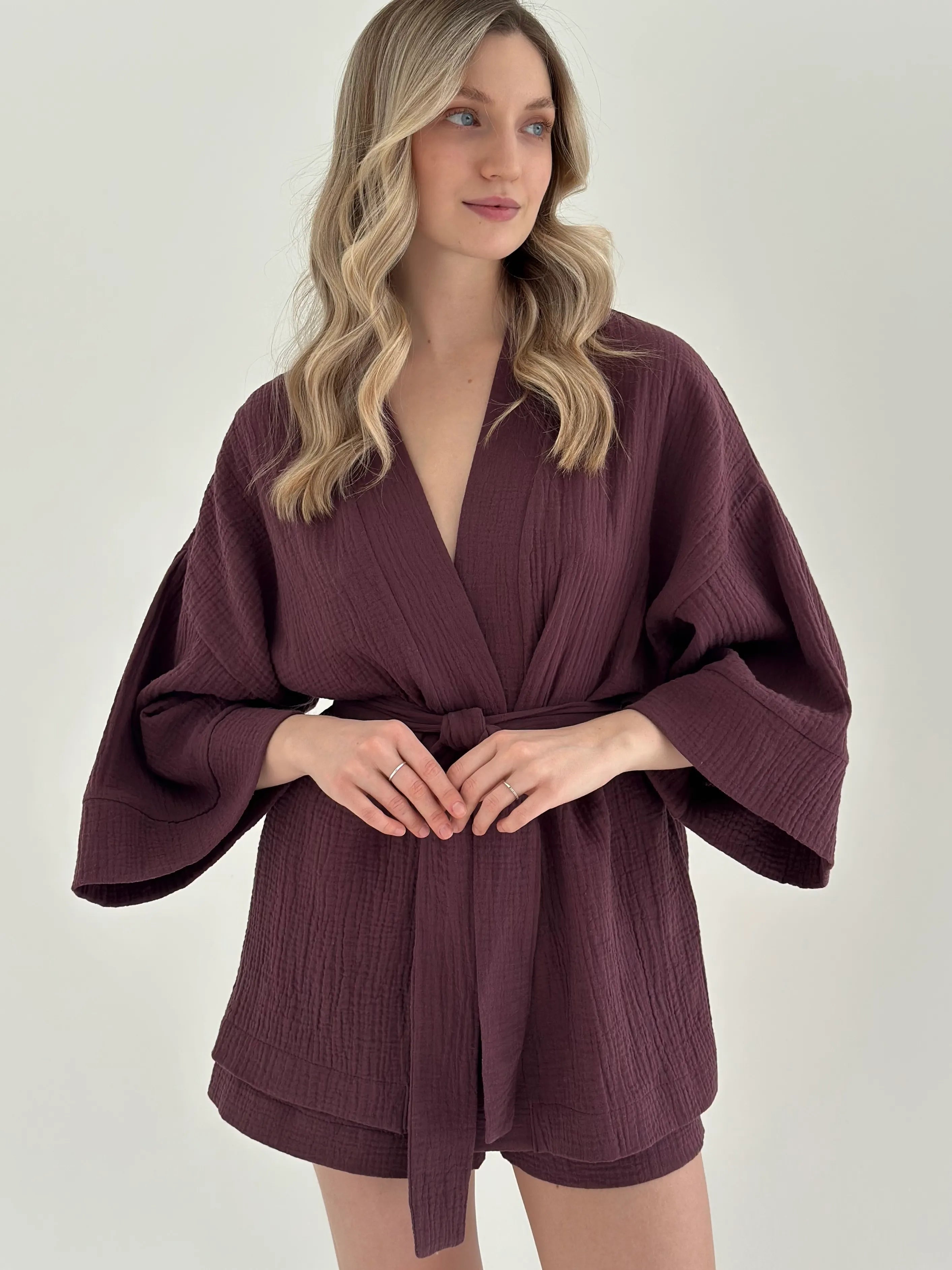 Muslin set 2-layer kimono and shorts chocolate