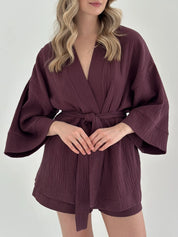 Muslin set 2-layer kimono and shorts chocolate