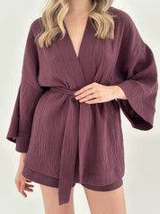 Muslin set 2-layer kimono and shorts chocolate
