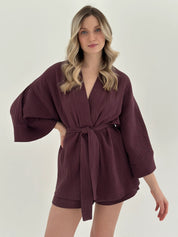 Muslin set 2-layer kimono and shorts chocolate