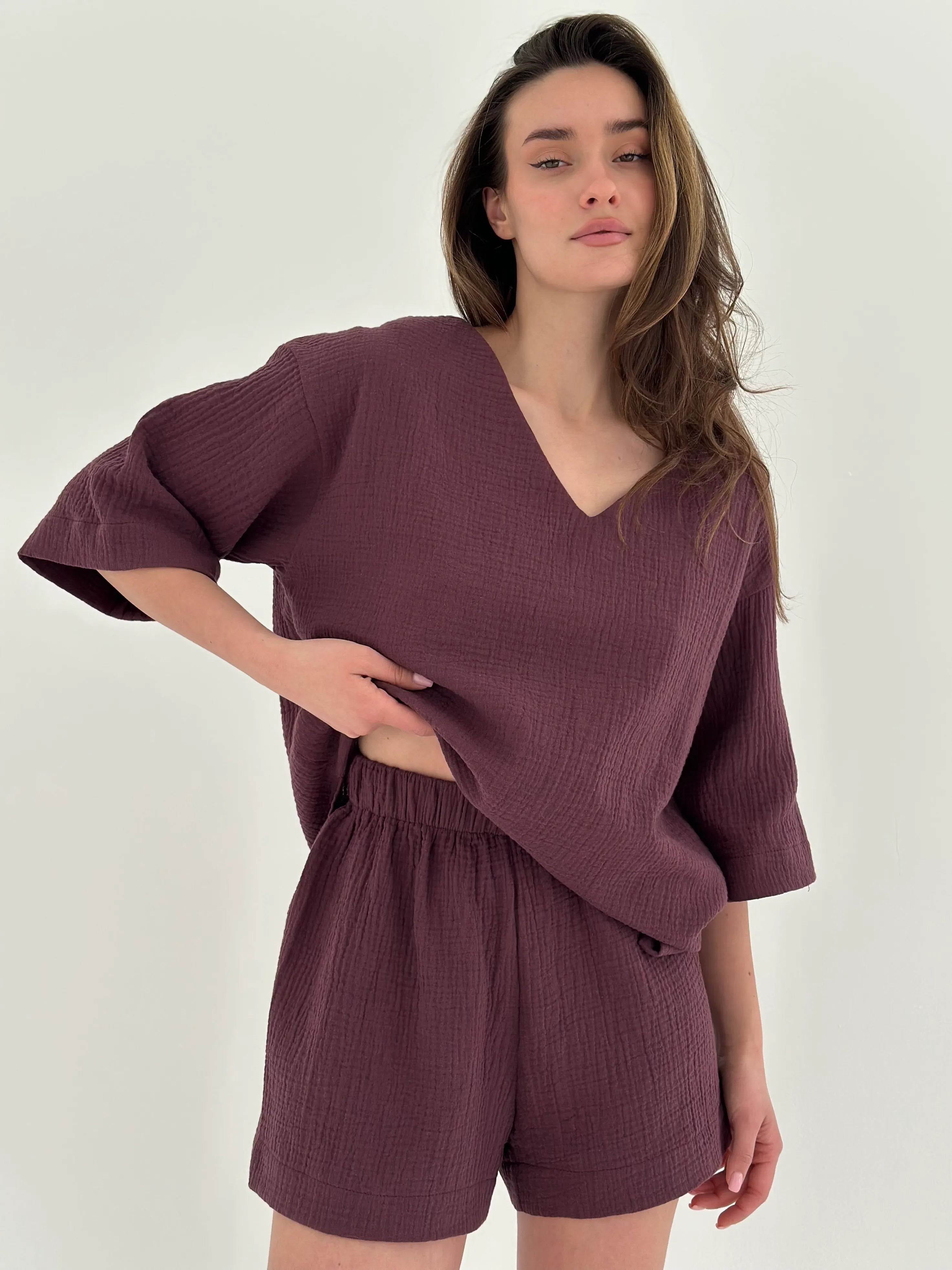 Muslin set 2-layer T-shirt and shorts chocolate
