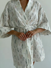 Kimono muslin robe wildflowers on white