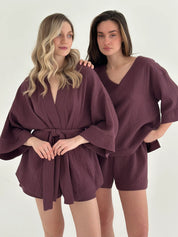 Muslin set 2-layer kimono and shorts chocolate