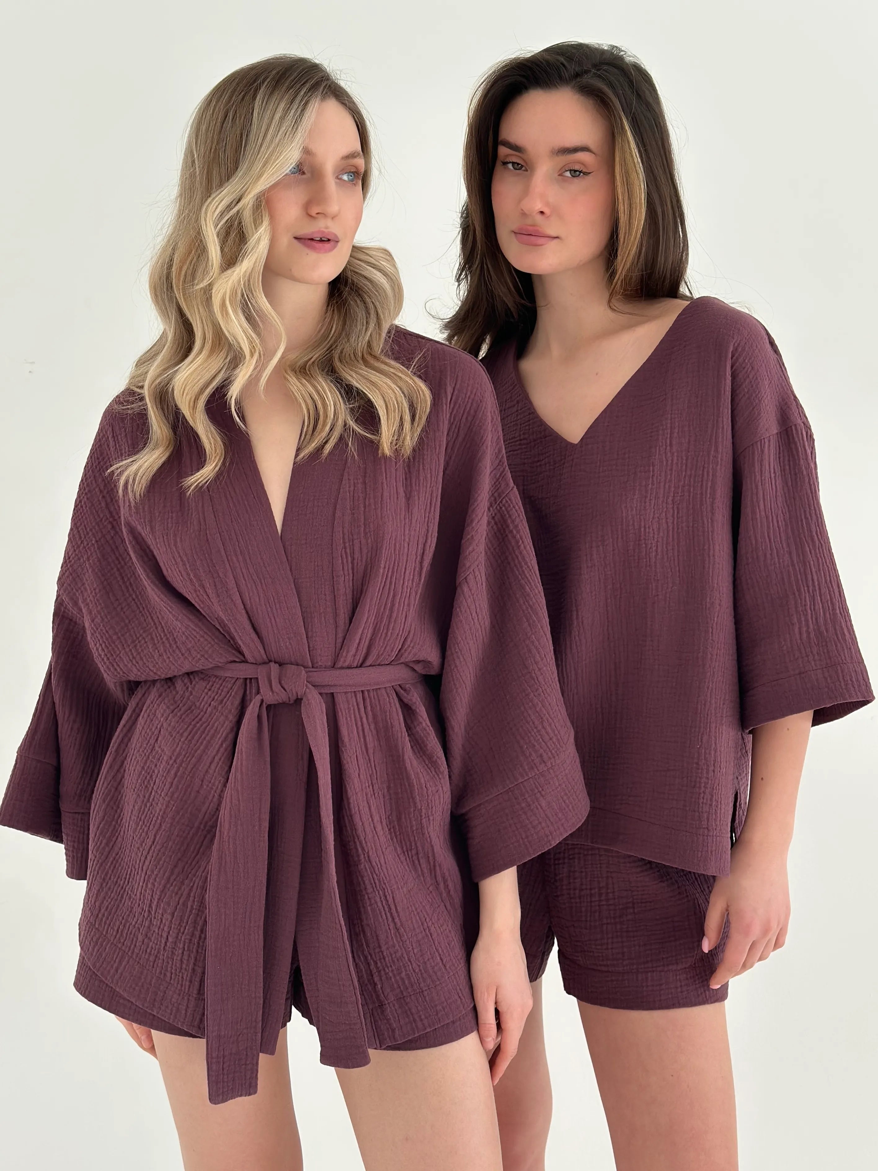 Muslin set 2-layer kimono and shorts chocolate