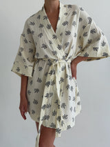 Kimono muslin robe, black twigs on milky