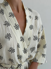 Kimono muslin robe, black twigs on milky