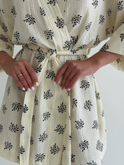 Kimono muslin robe, black twigs on milky