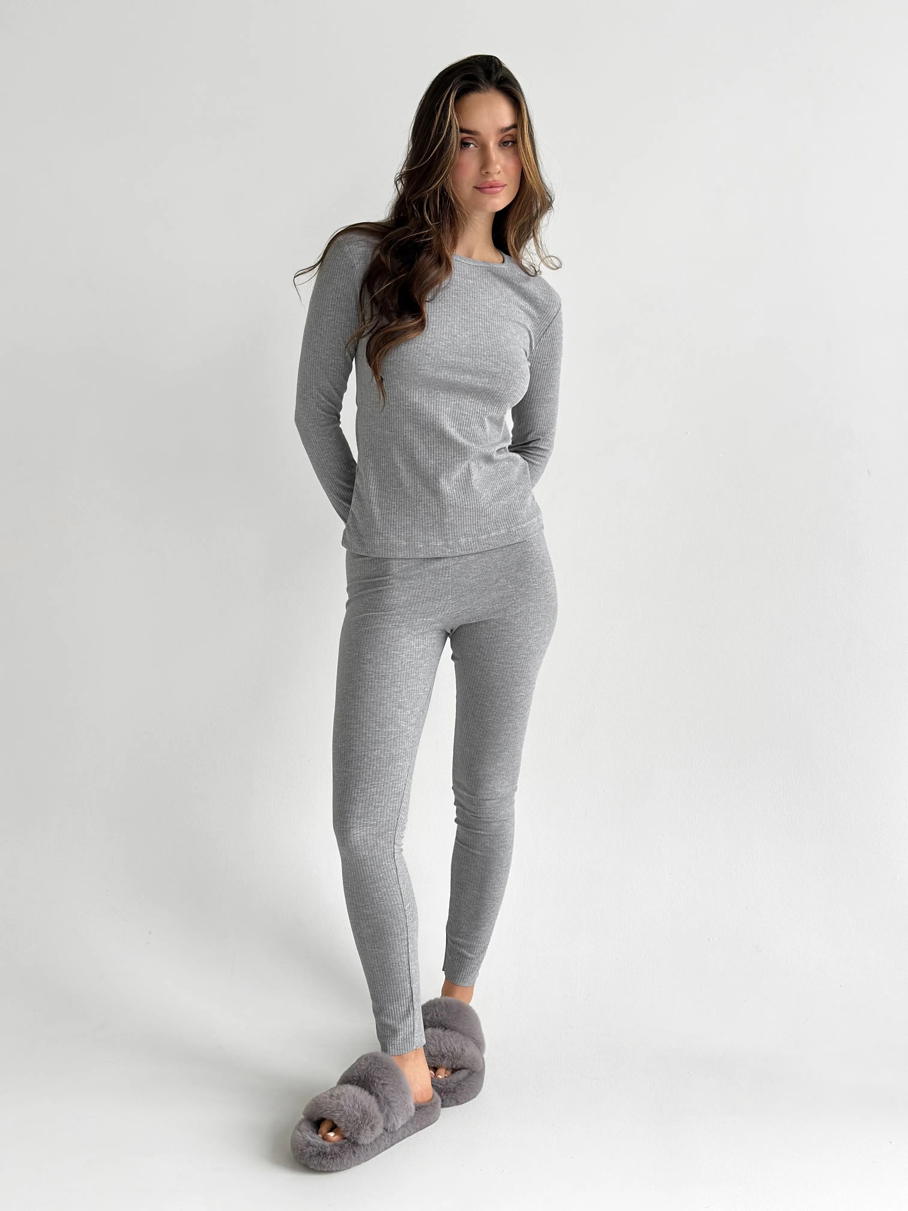 Rib knitwear Long sleeve suit and leggings gray