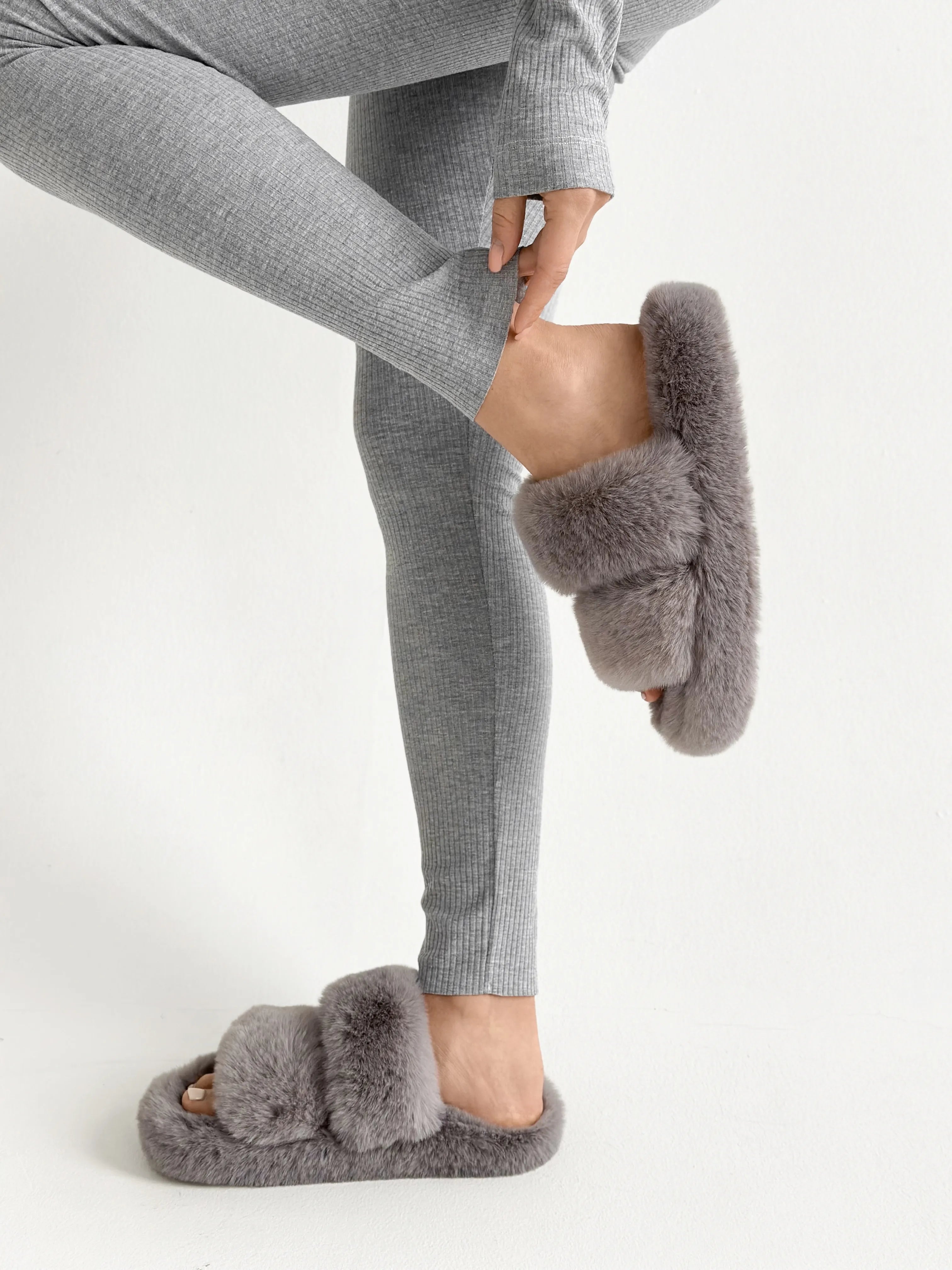Rib knitwear Long sleeve suit and leggings gray